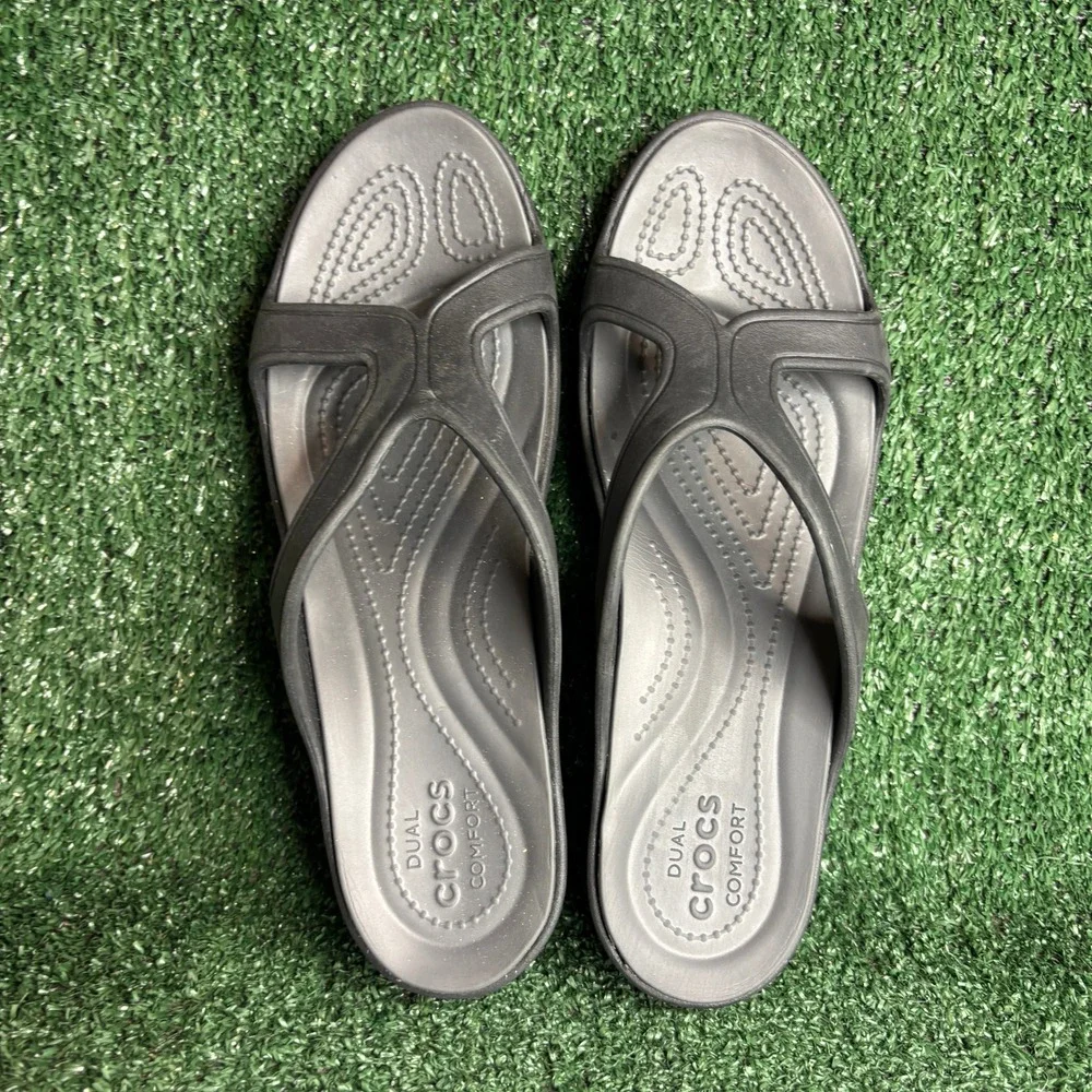 Crocs Sanrah Twist Dual Comfort Wedge Sandal Slide Casual Black Womens Size 10